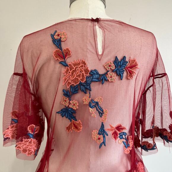 Zara Floral Embroidery Maroon Boho Mesh Peplum Blouse Size M - Picture 5 of 7